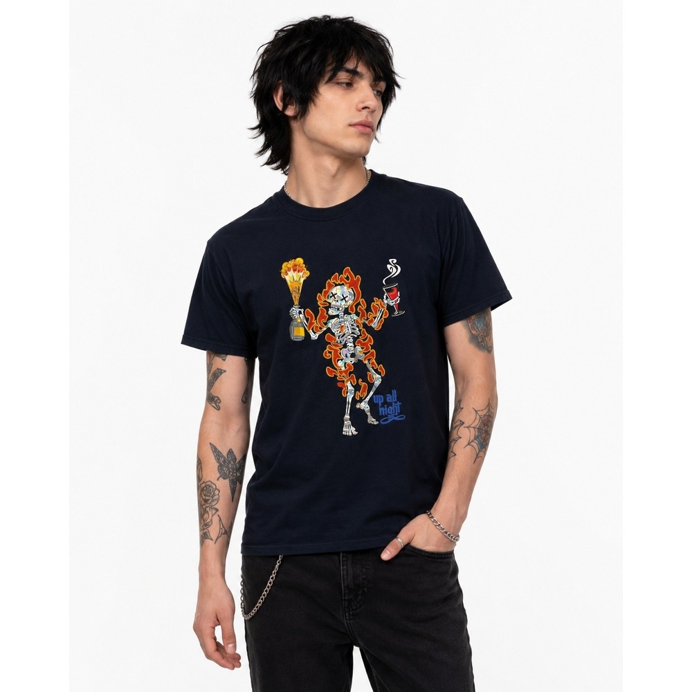 Skeleton Graphic Tee M Navy Flames Punk Indie Sleaze Grunge Streetwear FIFI LOOP